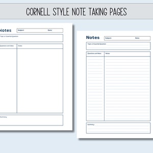 Può includere: Due pagine vuote per prendere appunti in stile Cornell con intestazioni per materia, data, argomento o domanda essenziale, domande e idee, appunti e riepilogo.
