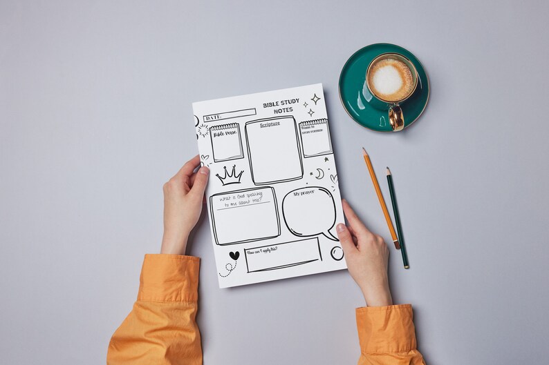 May include: A black and white printable Bible study notes page with sections for date, scripture, Bible verse, and reflection. The page is decorated with stars, hearts, and a crown.