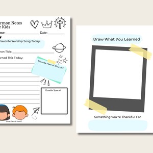 以下が含まれることがあります： 説教の内容をメモするための、子供向けの印刷可能なワークシートです。ワークシートには、説教のタイトル、学んだこと、教会で一番好きな場所、落書きスペースを書き込むためのスペースがあります。また、学んだことを描くためのセクションと、感謝していることを書くためのセクションもあります。