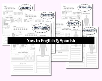 GLP Weight Loss Tracker in English & Spanish, Tirzepatide Weekly Journal, Compound GLP-1 Injection Log