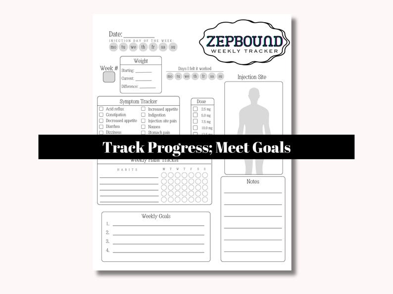 K&ouml;nnte beinhalten: Ein schwarz-wei&szlig;er, druckbarer Wochenplaner zum Verfolgen von Gewicht, Symptomen, Injektionsstellen und w&ouml;chentlichen Gewohnheiten. Der Planer tr&auml;gt den Titel "ZEPBOUND WEEKLY TRACKER" und den Text "Track Progress; Meet Goals".