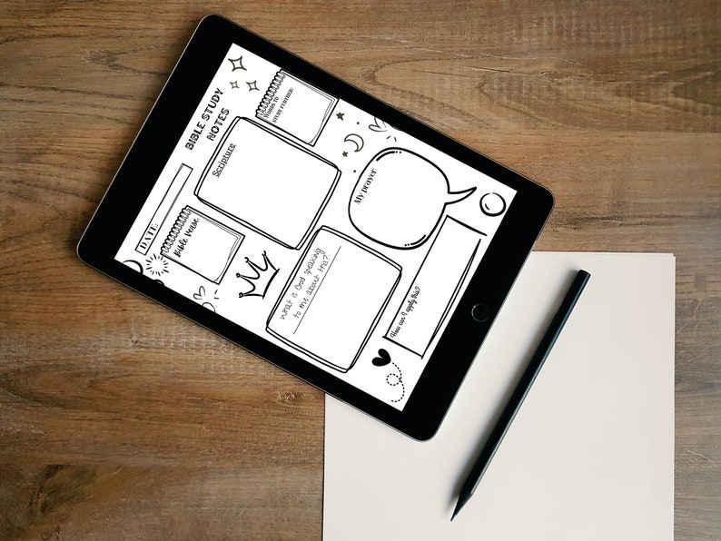 May include: A digital tablet displaying a printable Bible study notes template with a black and white design. The template includes sections for the date, Bible verse, scripture, my prayer, and what God is teaching me about it.