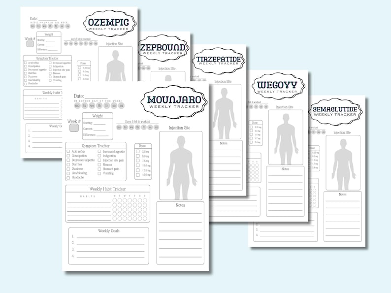 K&ouml;nnte beinhalten: Satz druckbarer Wochen-Tracker f&uuml;r Ozempic, Zepbound, Tirzepatide, Mounjaro, Wegovy und Semaglutide. Jeder Tracker enth&auml;lt Abschnitte f&uuml;r Gewicht, Symptome, w&ouml;chentlichen Gewohnheitstracker, w&ouml;chentliche Ziele und Injektionsstelle.
