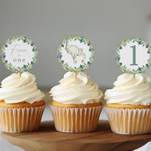 Editable Safari Elephant Birthday Party Cupcake Topper Templates. Jungle 1st Birthday Party Decorations. Printable and Instant Download