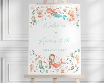 May include: Welcome to Anna's 4th Birthday Party sign with a mermaid, seahorse, and jellyfish illustration. The sign is on an easel.