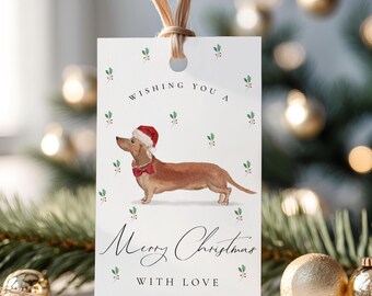 Dachshund Christmas Gift Tag Template, Watercolor Sausage Dog Xmas Favor Tag, DIY Holiday Gift Tag, Editable Instant Download