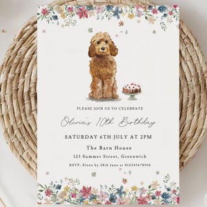 Bellissimo invito di compleanno per una festa a tema Cockapoo con acquerelli. Invito rosa e floreale con cane. Modificabile, stampabile e scaricabile immediatamente.