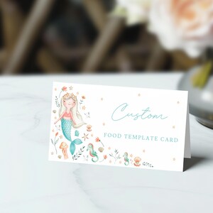 Modèle de carte de buffet de fête d'anniversaire de belle sirène. Sous les cartes de fruits de mer. Décoration de fête modifiable, imprimable et téléchargement immédiat