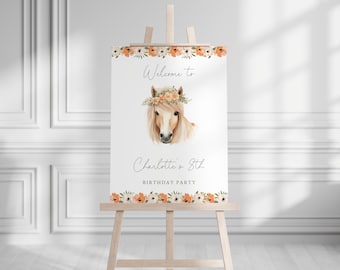 Watercolor Pony Birthday Welcome Sign: Editable Floral Horse Party Decor (Digital Download)