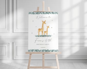 Giraffe verjaardag welkomstbord sjabloon: bewerkbaar feestdecor met wilde dieren (afdrukbaar, direct downloaden)