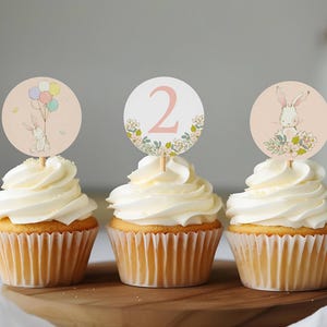 Beautiful Editable Bunny and Balloon Birthday Party Cupcake Topper Templates. Pink, Floral Party Decorations. Printable and Instant Download