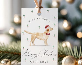 Labrador Christmas Gift Tag Template, Watercolor Dog Xmas Favor Tag, DIY Holiday Gift Tags, Editable Instant Download Christmas Labels