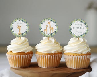Plantillas editables para adornos de cupcakes de fiesta de cumpleaños con temática de jirafa. Decoraciones para fiesta de primer cumpleaños con temática de la selva. Imprimibles y descarga instantánea.