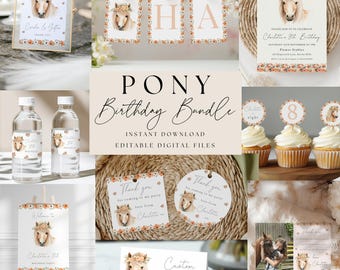 May include: A collection of party supplies with a pony theme. Includes invitations, water bottle labels, cupcake toppers, and thank you tags. The design features a pony illustration with a floral crown and the text "PONY Birthday Bundle".