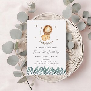 Lion 1st Birthday invitation Template, Safari First Birthday, Jungle Birthday, Boys Birthday Party, Editable and Printable Birthday invite