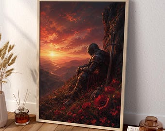 Dark Fantasy Knight Wall Art, Medieval Sunset Print, Dramatic Warrior Canvas