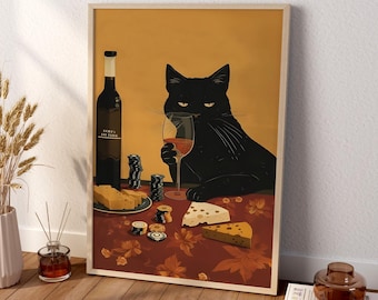 Schwarze Katze Wein und Käse Poster | Lustige Poker Küche Wand Kunst Druck