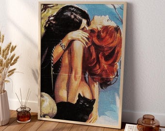 Retro Witchy Lovers Art Print | Vintage Redhead Woman & Black Cat Wall Poster