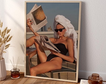 Chic Rooftop Woman Reading Newspaper Poster | Fashion Editorial Style Wall Art Print
