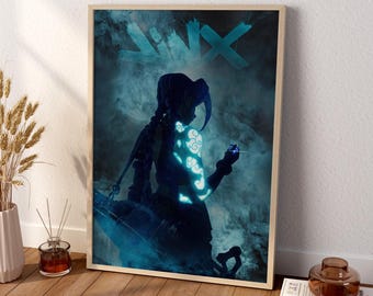 Poster di ragazza punk blu neon nel fumo / Arte murale fantasy con tatuaggio cibernetico / Poster artistico Jinx