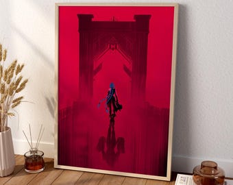 Punk Girl on Bridge Poster | Neon Red Cyberpunk Wall Art Print
