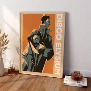 Puede incluir: Un p&oacute;ster enmarcado con un dise&ntilde;o retro que presenta a dos hombres con abrigos. El p&oacute;ster tiene un fondo naranja con el texto "DISCO ELYSIUM" en blanco.