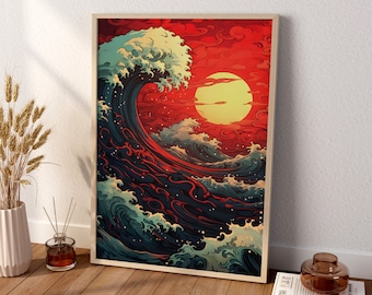 The Dramatic Wave Of Kanagawa Wall Art, The Wave Of Kanagawa Red Wave, Kanagawa Art, Japanese Wall Art, Kanagawa Poster, Retro Kanagawa Art