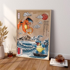Arte de pared de lienzo de anime, arte de pared de lienzo de Charizard, cartel de pared de Charizard vs Blastoise, cartel de anime vintage, cartel de anime enmarcado
