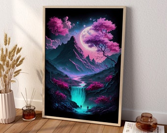 Modern Japanese Art, Japanese Canvas Wall Art, Japan Mountain Art, Synthwave Japanese Art, Japanese Art Poster