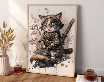 Samurai Cat Canvas Wall Art, Cute Samurai Cat Poster, Modern Art Poster, Framed Canvas, Japanese Art Canvas Wall Art, Japanese Art Poster