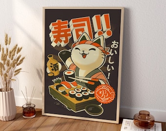 Sushi Cat Canvas Wall Art, Modern Art Poster, Framed Canvas, Japanese Art Canvas Wall Art, Japanese Art Poster, Japanese Cute Cat Poster
