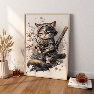 Samurai Cat Canvas Wall Art, Cute Samurai Cat Poster, Modern Art Poster, Framed Canvas, Japanese Art Canvas Wall Art, Japanese Art Poster