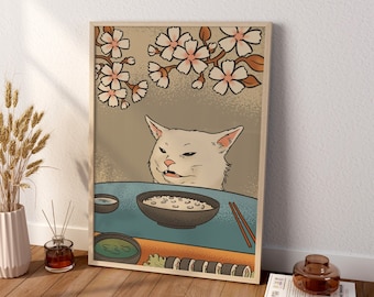 Woman Yelling Cat Wall Art, Modern Japanese Art, Japanese Canvas Wall Art, Vintage Japanese Poster, Japanese Cat Poster