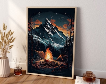 Cool Illustration Canvas Wall Art, Campfire Wall Art, Natural Wall Art, Campfire Poster, Illustration Poster