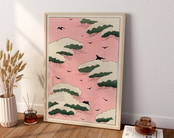 Pink sky illustration Canvas Wall Art, Japanese Wall Art, Clouds Poster, Pink Cool Poster, Gift For Her