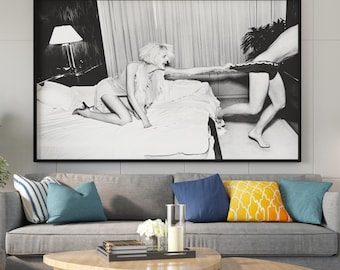 Playful Couple in Bedroom | Black and White Retro Photography Print