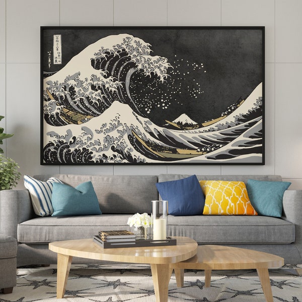 L'onda nera di Kanagawa Wall Art, L'onda di Kanagawa in bianco e nero, Arte Kanagawa, Arte murale giapponese, Poster di Kanagawa
