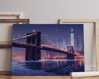 Arte de invierno en Nueva York, arte de pared en lienzo navideño, decoración de lienzo vintage, regalo de Navidad, póster del puente de Brooklyn, póster de Navidad