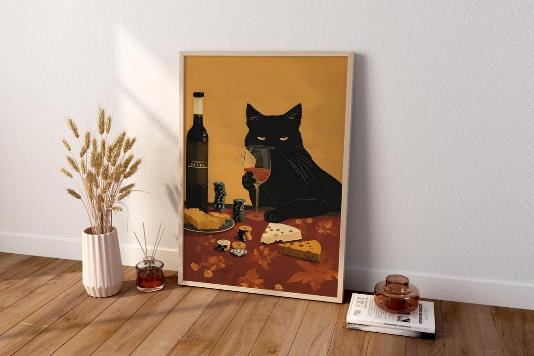 Black Cat Wine and Cheese Poster | Funny Poker Kitchen Wall Art Print ...
