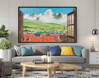 May include: A rectangular wall art print featuring an open window view of a European-style town with red-tiled roofs, a green hillside, and snow-capped mountains under a blue sky with white clouds, framed in a thin black border.