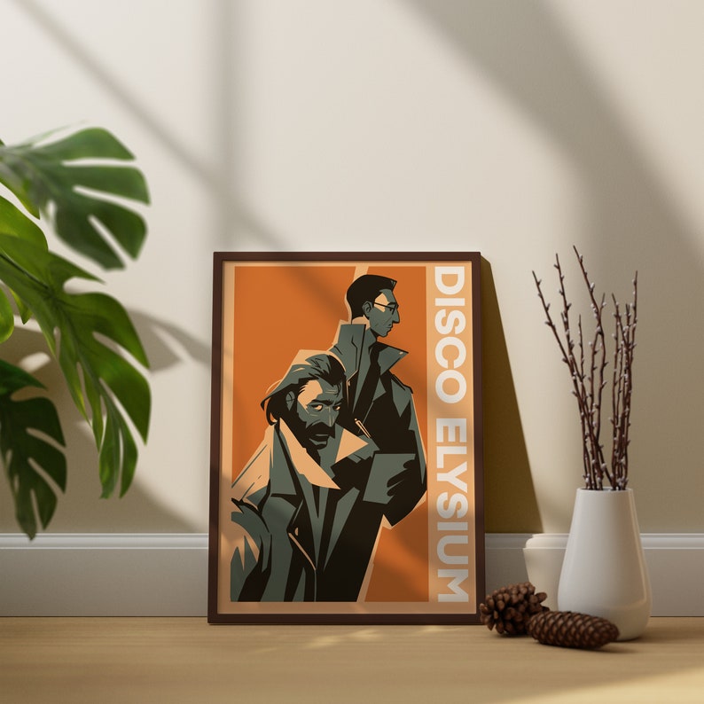 Puede incluir: Un p&oacute;ster de estilo vintage con fondo naranja que presenta a dos hombres con abrigos oscuros. El texto "DISCO ELYSIUM" est&aacute; impreso verticalmente en el lado derecho del p&oacute;ster.