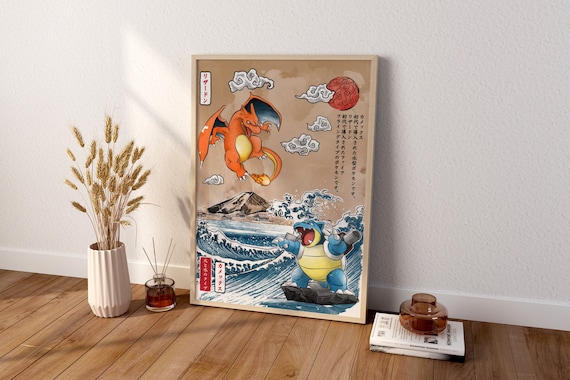 Anime Canvas Wall Art, Charizard Canvas Wall Art, Charizard vs Blastoise Wall Poster, Vintage Anime Poster, Framed Anime Poster
