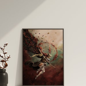 May include: A digital painting of a woman in armor with red hair and a cape, holding a sword and flying through the air. The background is a swirling mix of red, brown, and green with butterflies flying around her.