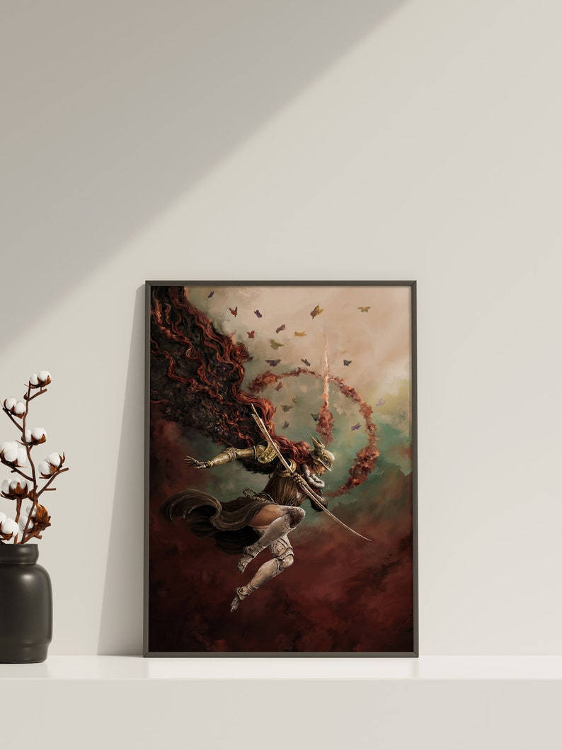 May include: A digital painting of a woman in armor with red hair and a cape, holding a sword and flying through the air. The background is a swirling mix of red, brown, and green with butterflies flying around her.