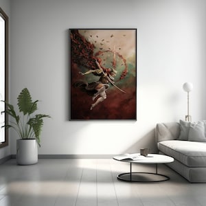 May include: A digital painting of a woman with long red hair, wearing armor and a flowing cape, holding a sword and flying through the air. The background is a dark red and brown with a swirling pattern.