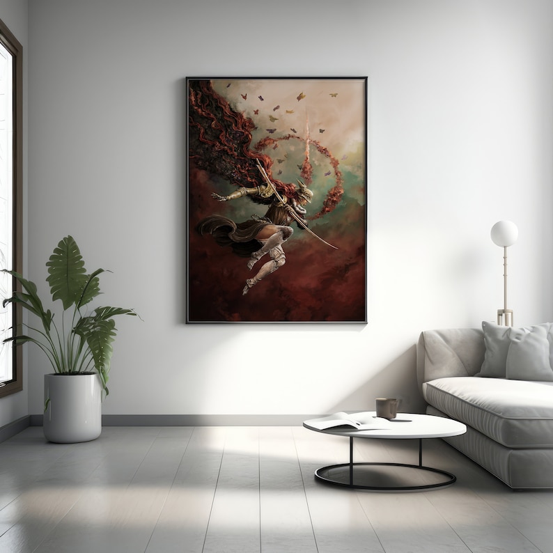May include: A digital painting of a woman with long red hair, wearing armor and a flowing cape, holding a sword and flying through the air. The background is a dark red and brown with a swirling pattern.