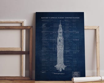 May include: A dark blue poster featuring a white technical line drawing of the Saturn V Apollo flight configuration rocket. The print includes detailed labels and technical specifications alongside the central vertical rocket illustration.