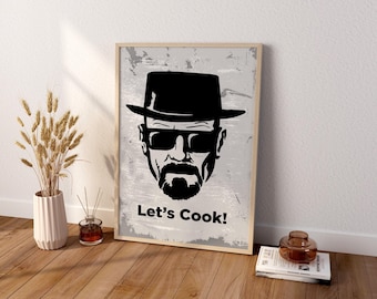 May include: A rectangular framed wall art print featuring a black graphic illustration of a man wearing a pork pie hat and sunglasses with a goatee. The background is a distressed light gray texture with the black text Let's Cook! below.