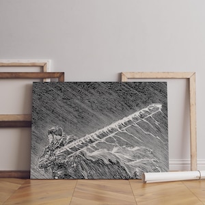 May include: A black and white ink-style illustration print featuring a warrior figure with short dark hair, wearing armor and a flowing cape, holding a massive sword diagonally across the frame amidst heavy rain and dark, textured lines.