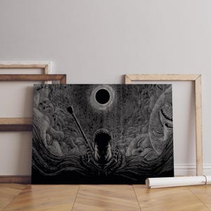 May include: A black and white rectangular art print featuring a central figure with short hair and a large sword strapped to their back, positioned beneath a dark eclipse, surrounded by a dense, detailed background of numerous faces.